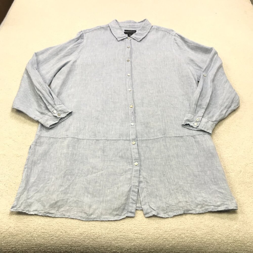 Tahari Linen Tunic Shirt Womens 1X Blue Coastal Grandma Long Sleeve Roll Tab